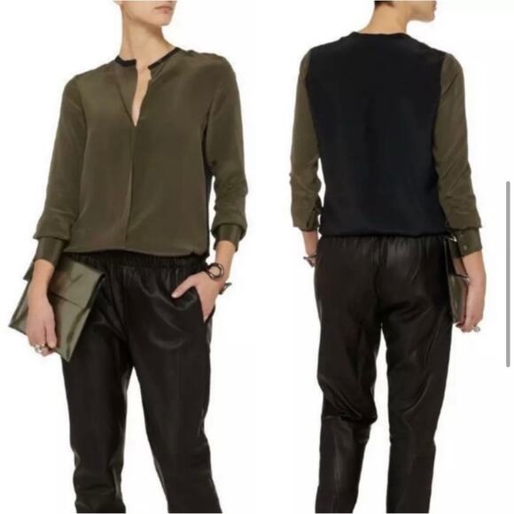 Vince Silk Olive Green and Black Two Toned Colorblock Blouse 2 - Picture 11 of 11